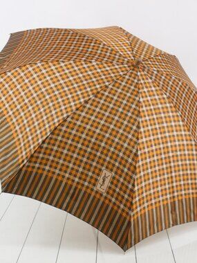 Yves Saint Laurent Orange Brown Plaid Umbrella with YSL Patch